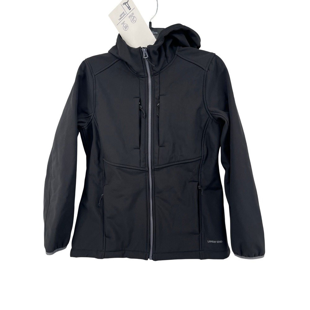 Lands End Womens Black WP Softshell Jacket Hooded Fleece Lined Petite S 6-8 NEW‎